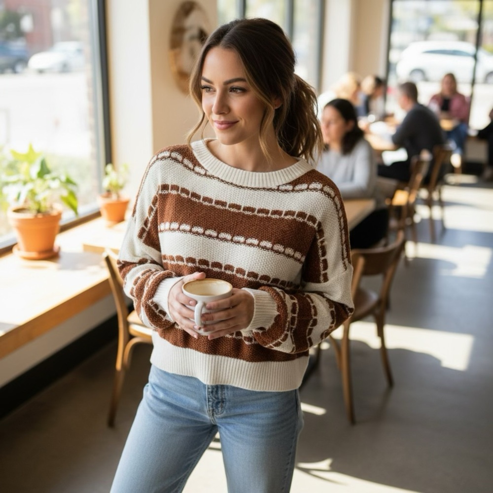Chic Brown and Cream Patterned Sweater